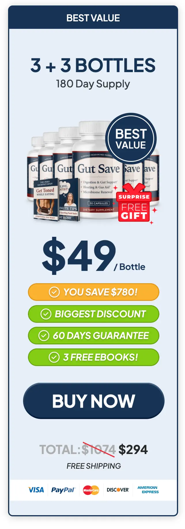 GutSave 6-bottle 180-day best-value package with 3 free bonuses
